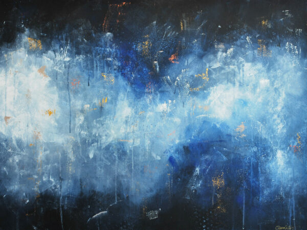 Abstrakt akrylmålning i nyanserna mörkblå, blå, guld, koppar