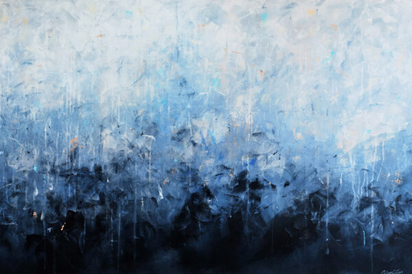 Abstrakt akrylmålning i nyanserna blå, ljusblå, vit